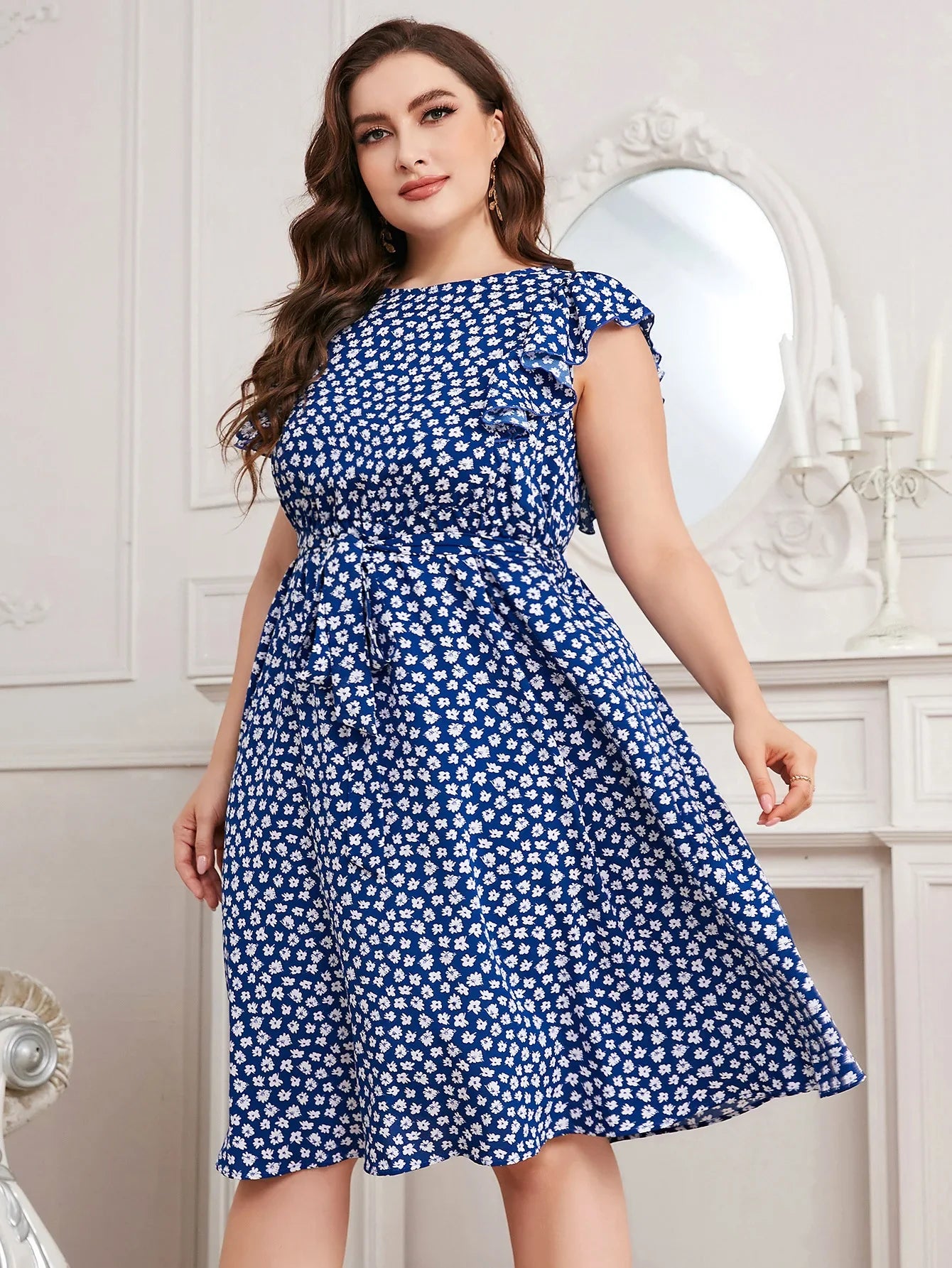 Riba™ Plus-Size Ruffle Cap Sleeve Dress