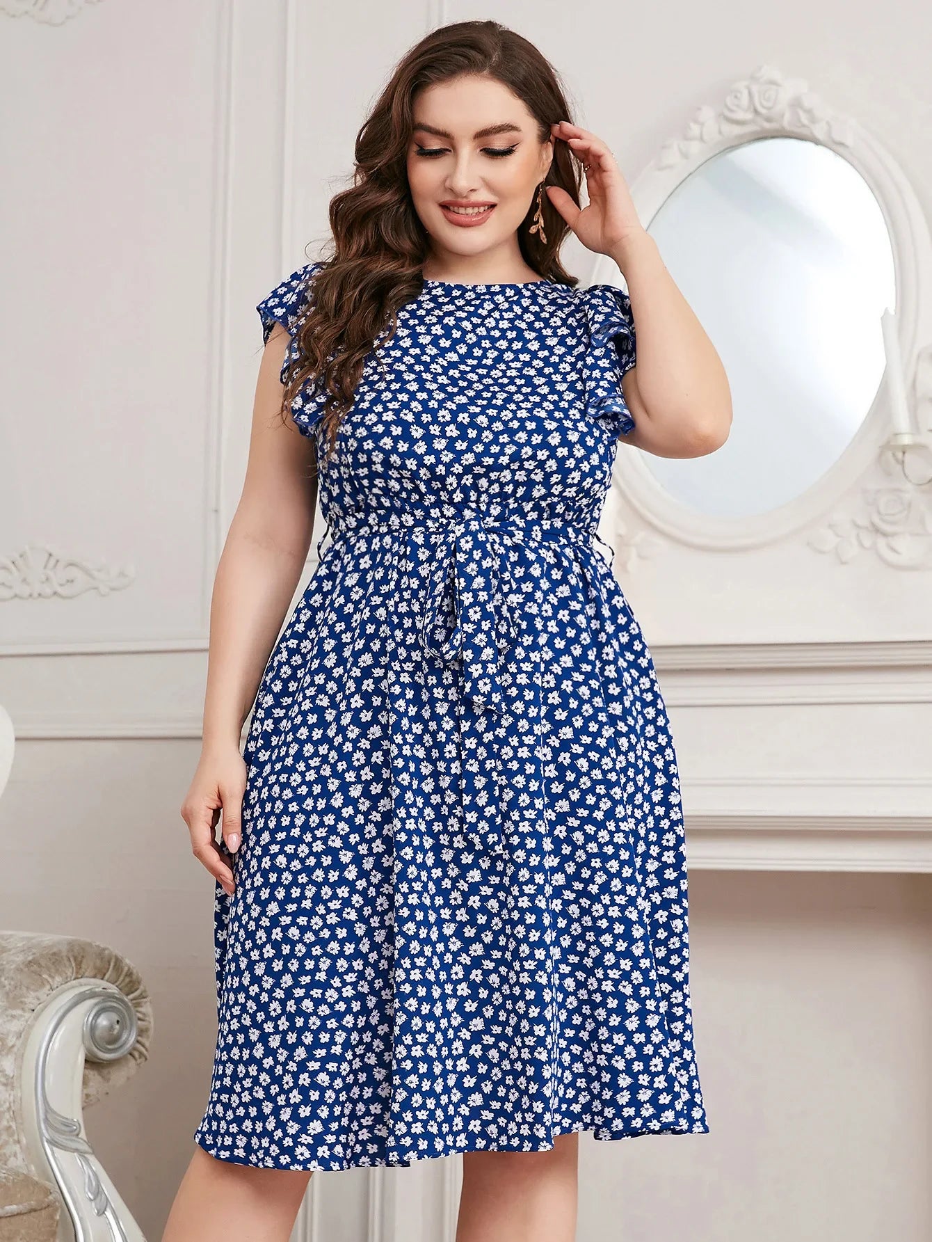 Riba™ Plus-Size Ruffle Cap Sleeve Dress